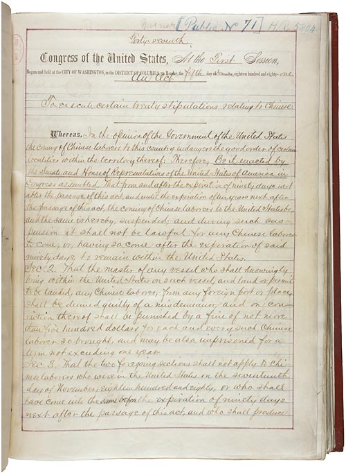 The first page of the enrolled Chinese Exclusion Act of 1882