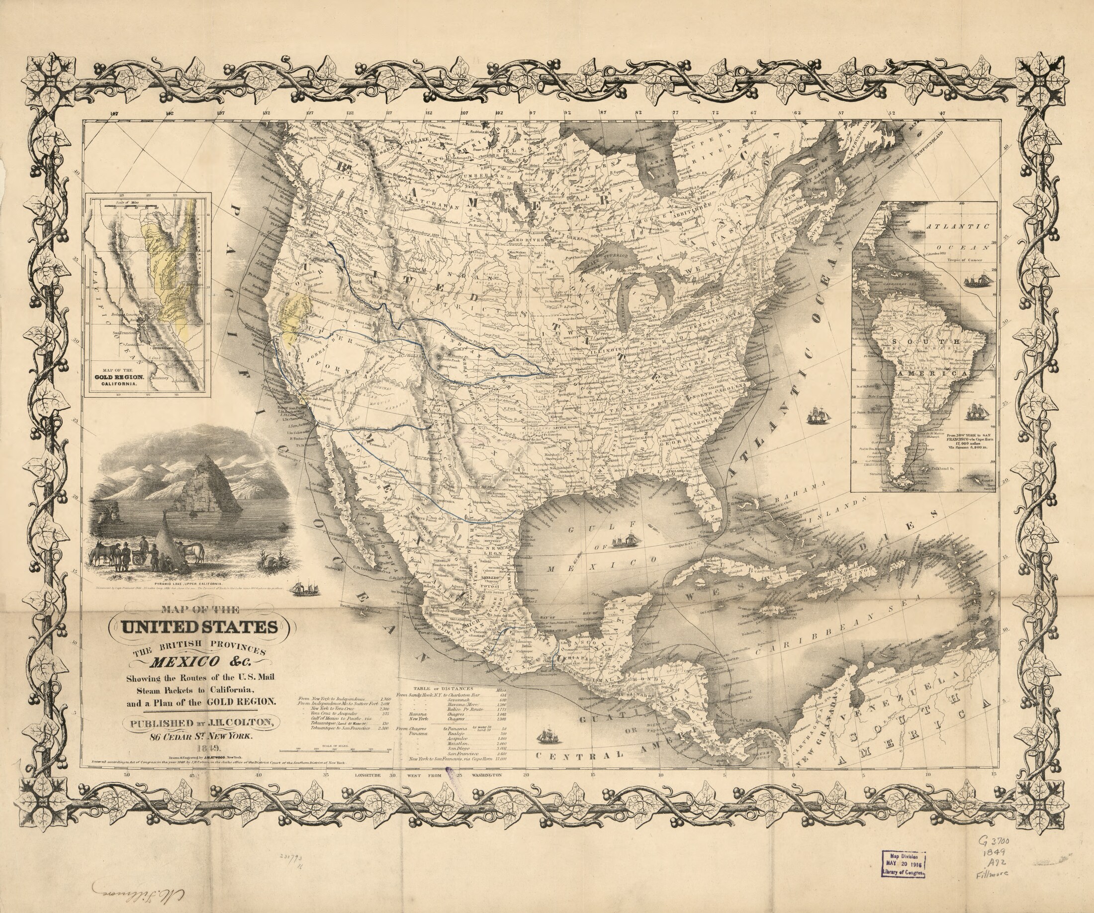 An 1849 map showing routes to California and an inset of the gold region