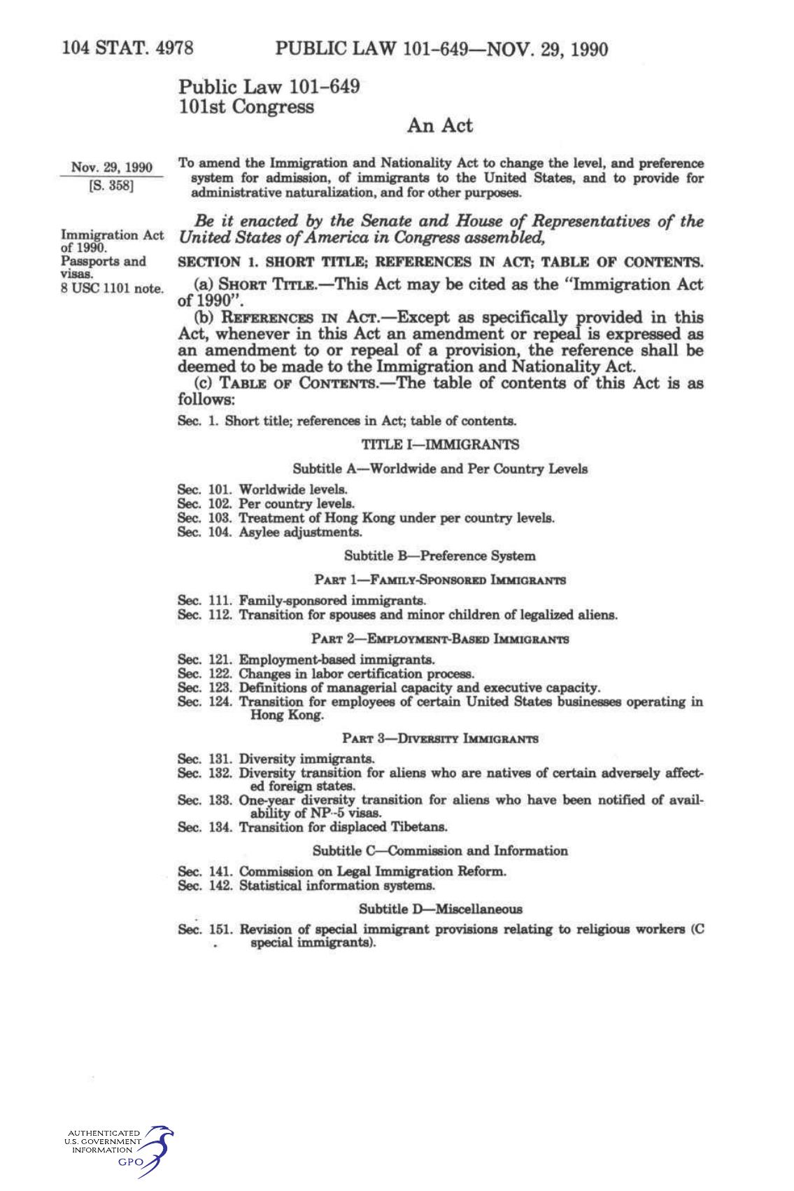 The first page of the Immigration Act of 1990 in the Statutes at Large