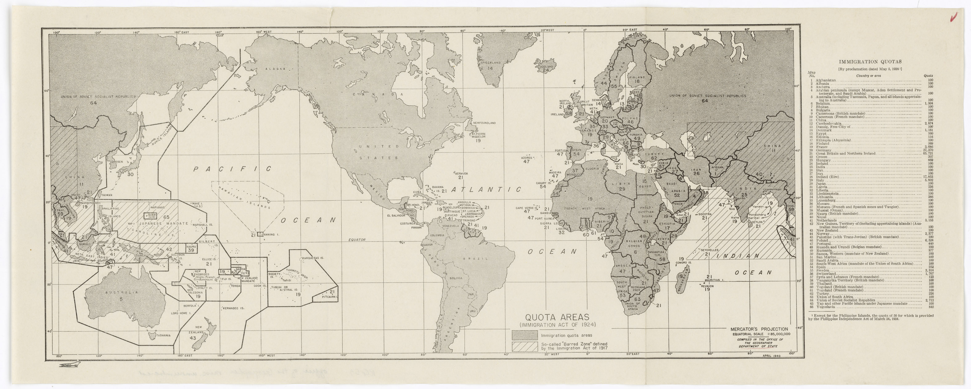 A National Archives map showing quota areas under the Immigration Act of 1924