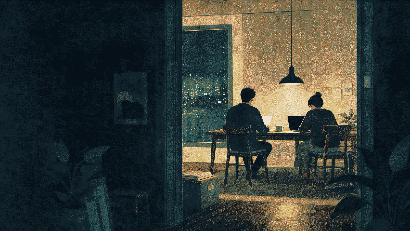 An editorial illustration of two founders working quietly together at an apartment dining table at night.