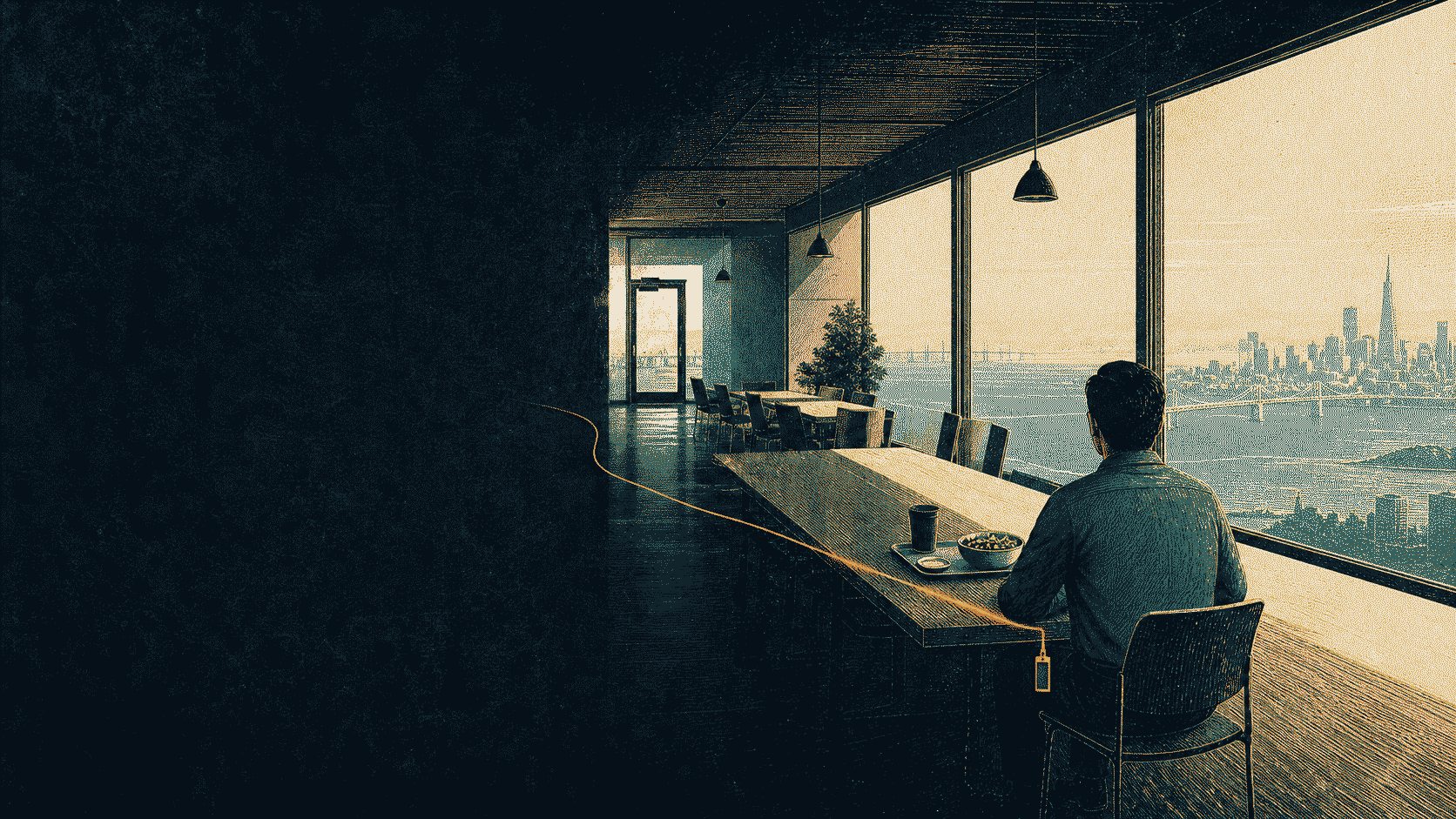 An editorial illustration of an engineer seated alone at a long cafeteria table overlooking San Francisco Bay.