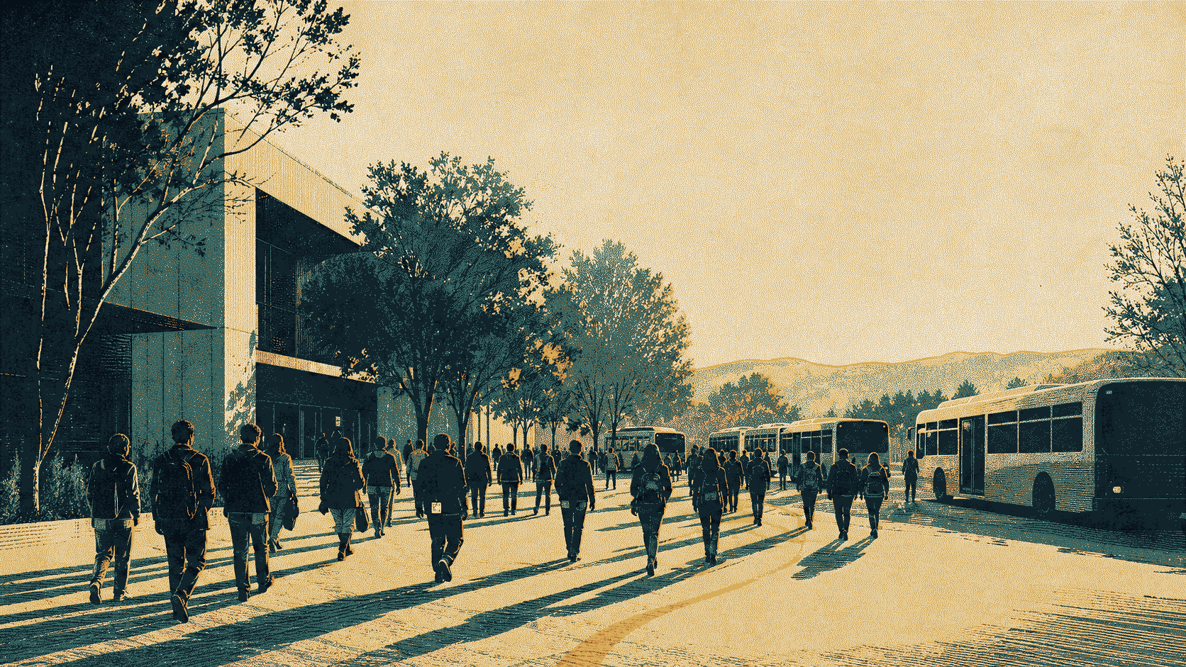 An editorial illustration of workers leaving a tree-lined technology campus for waiting buses in the late-afternoon light.