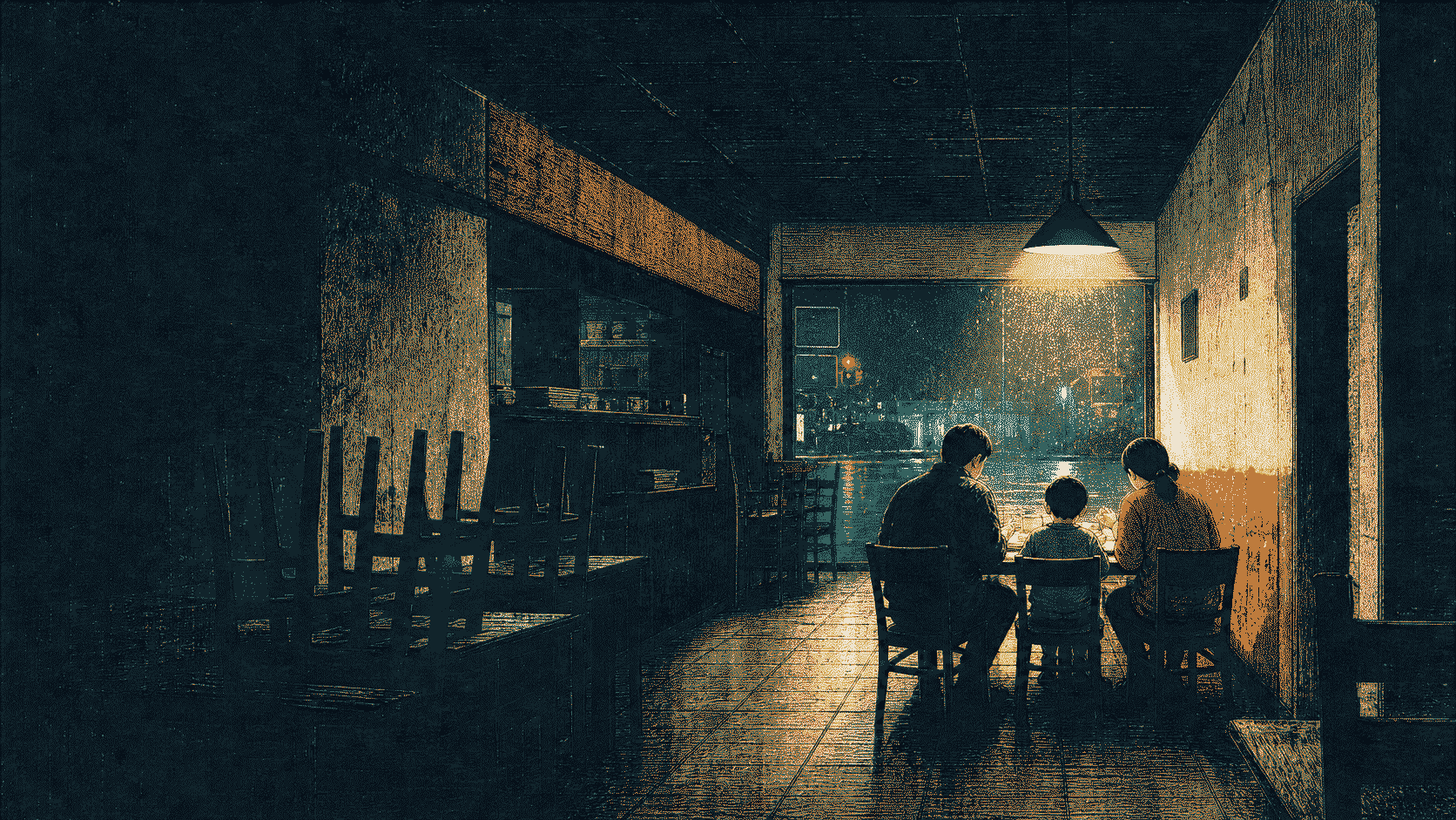 An editorial reconstruction of a family eating together under one lamp after closing their restaurant for the night.