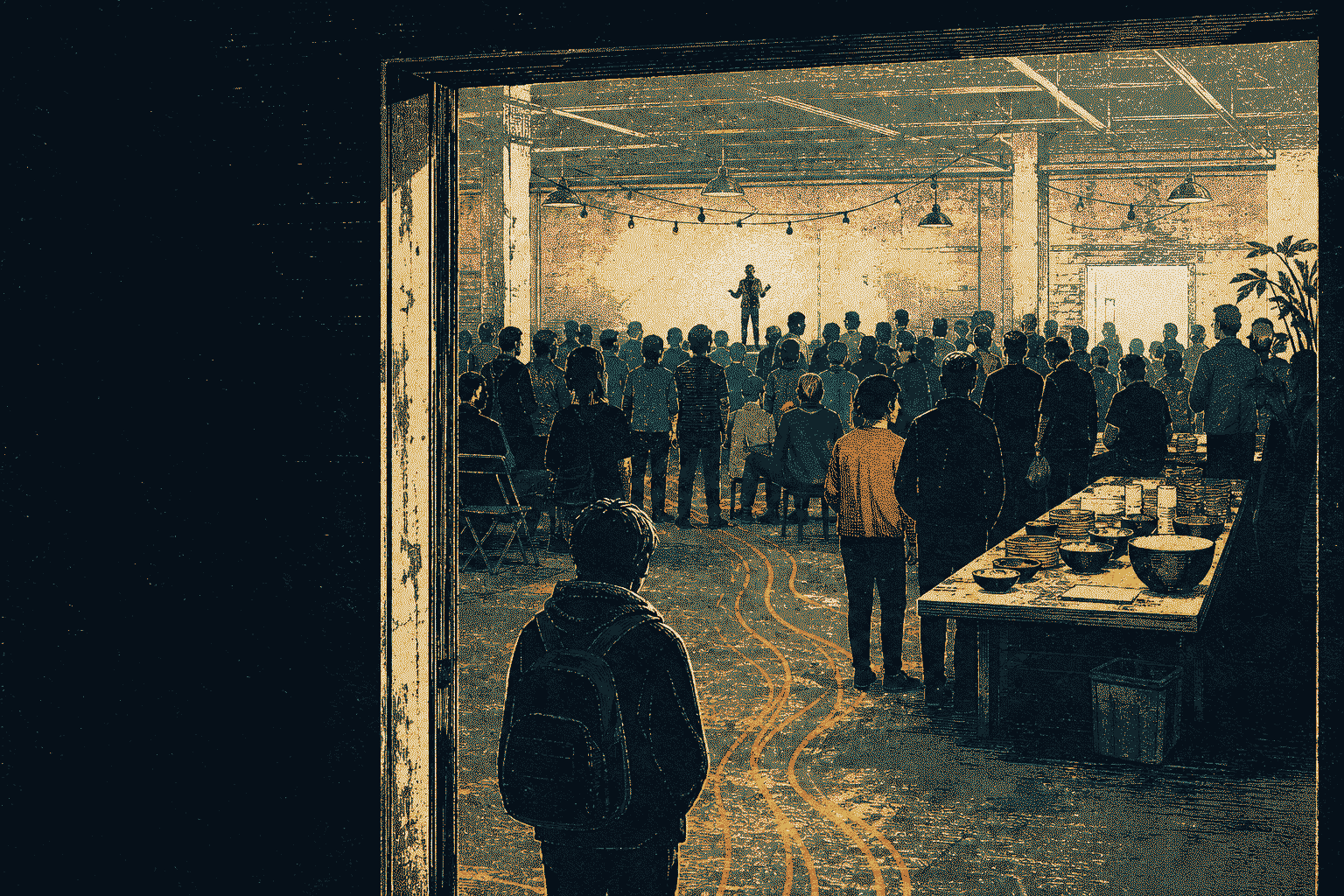 An editorial illustration of a young newcomer standing at the threshold of a crowded startup gathering.