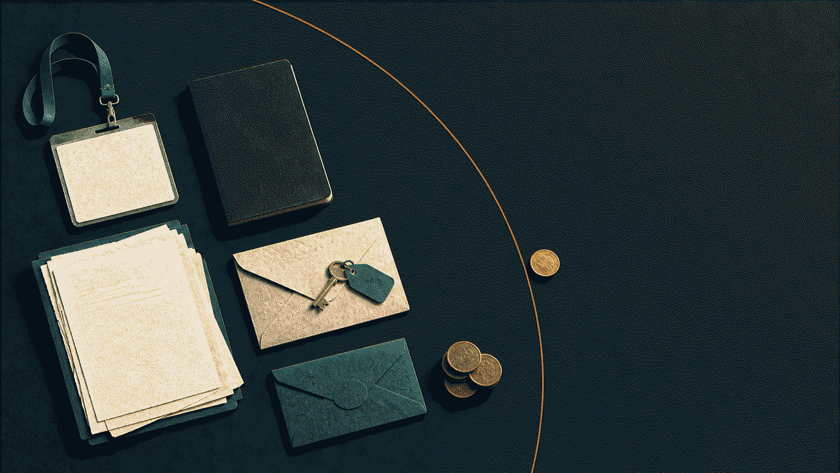 An editorial still life of a work badge, passport-like booklet, papers, keys, envelopes, and coins arranged beside a single amber betting line.